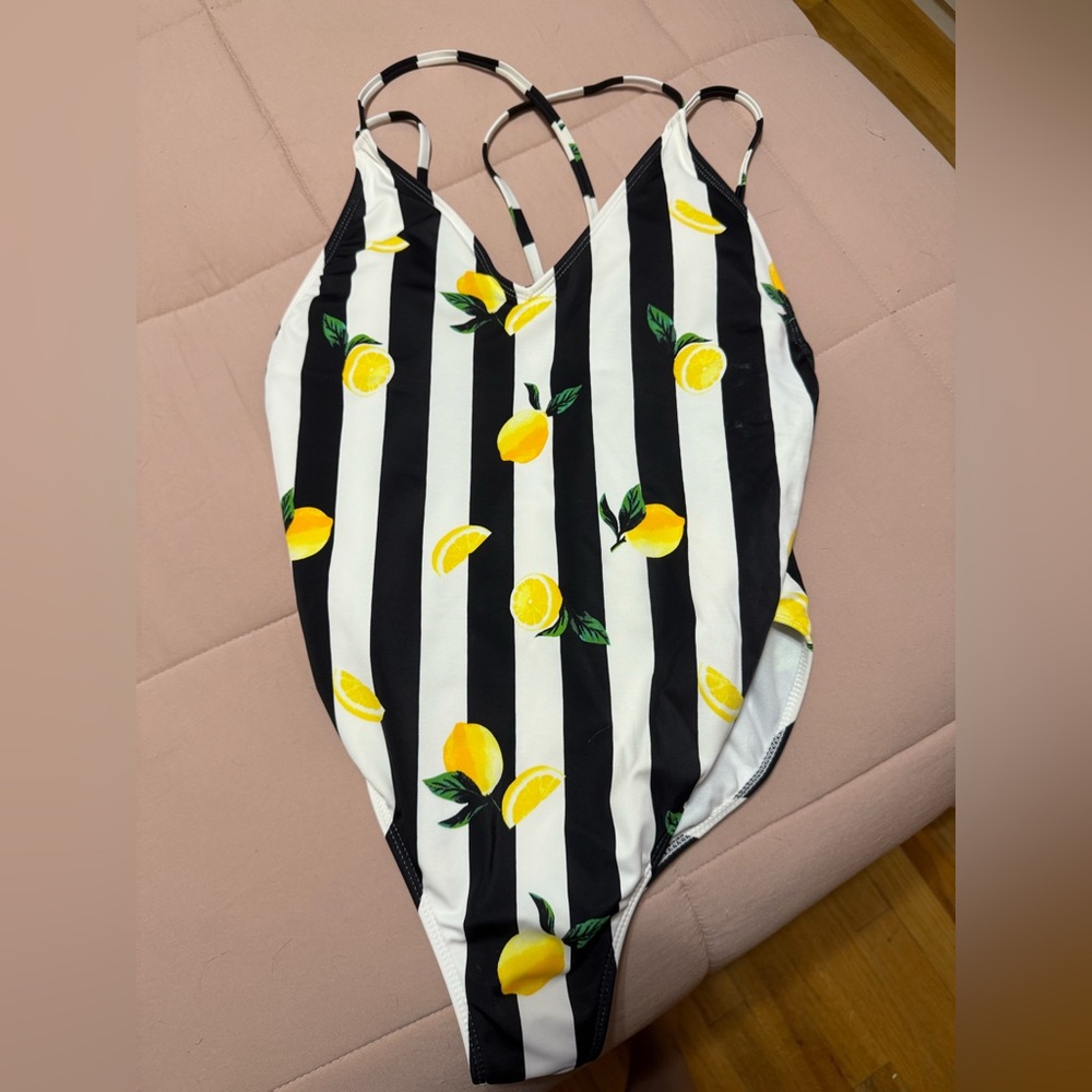 No Boundaries Black Stripe White Lemon One Piece Bathing Suit Swimwear Large